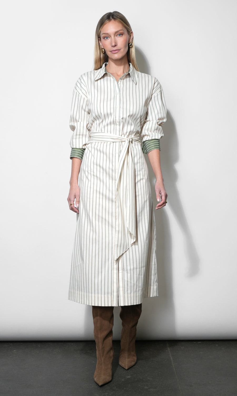 Cosette Open Back Shirt Dress S / BEIGE/GREEN