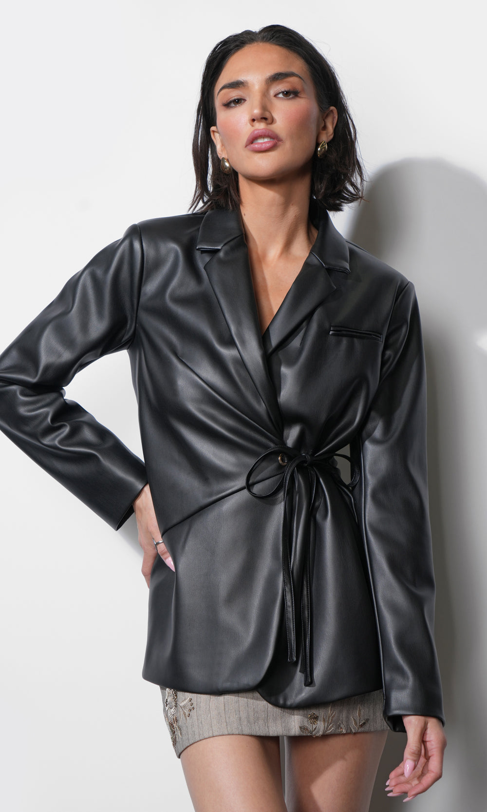 Ava Tie Front Faux Leather Blazer