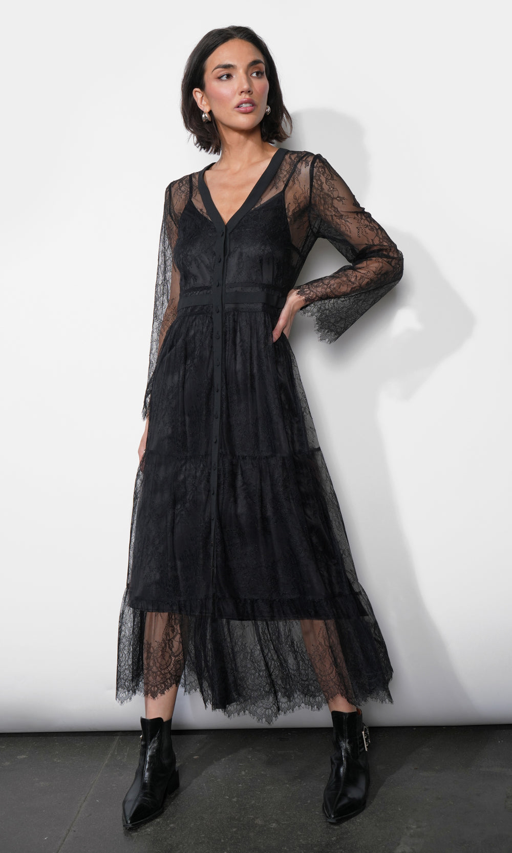 chinese dress ladies Emma Button Up Lace Tiered Maxi Dress