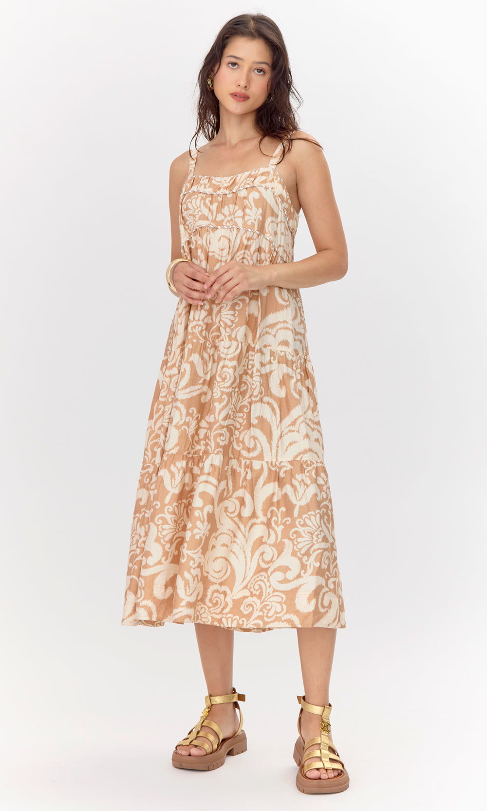 Sita Print Tiered Midi Dress with Piping Detail | Greylin Collection