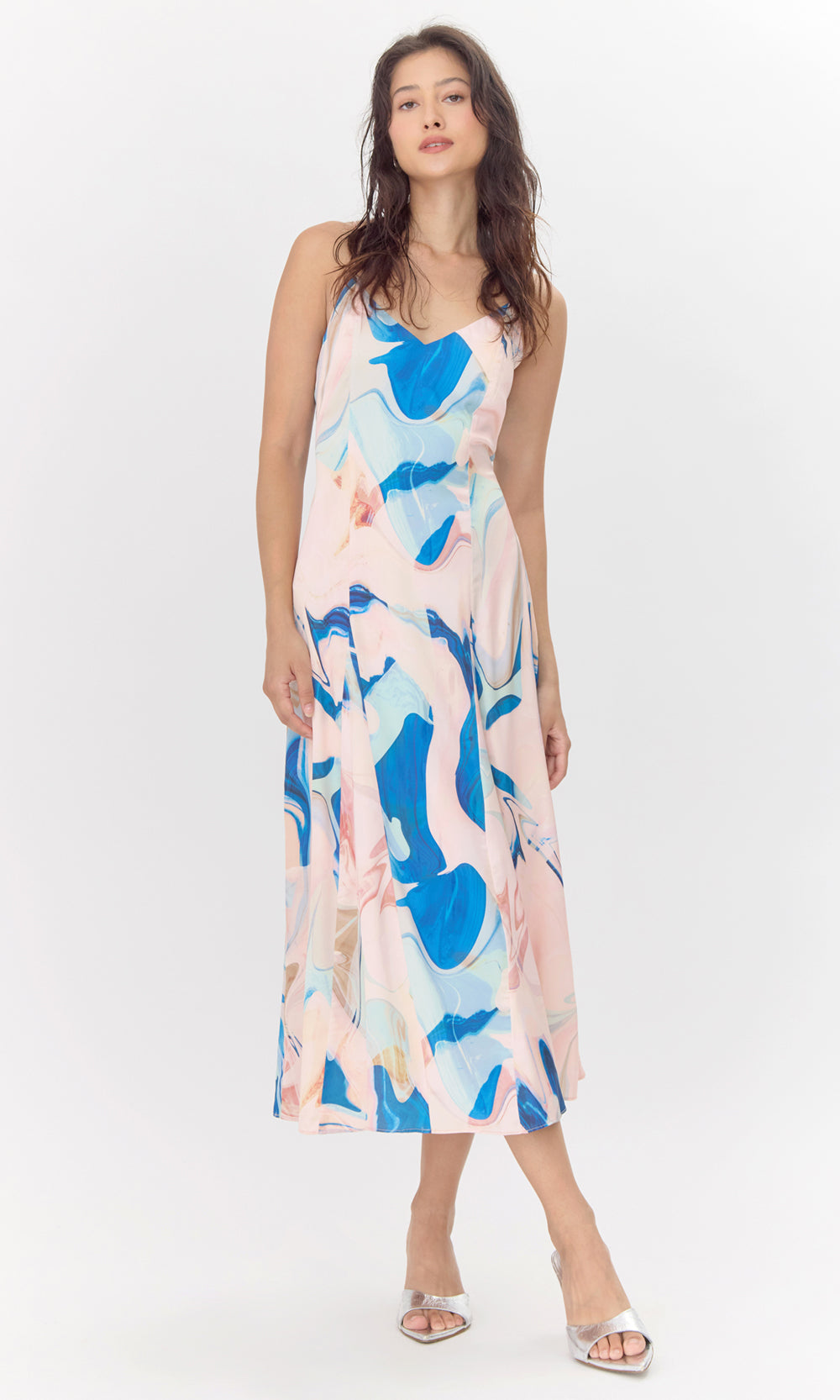 satin flowy midi dress Soph Watercolor Print Satin Flowy Slip Dress