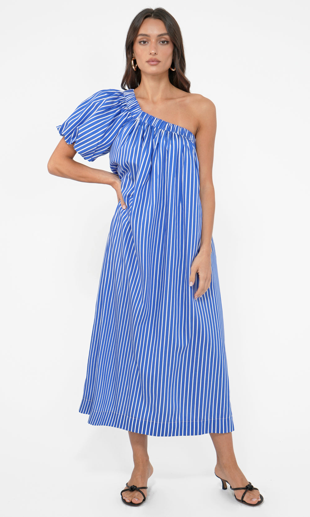 Paola Bold Stripe One Shoulder Midi Dress Greylin Collection