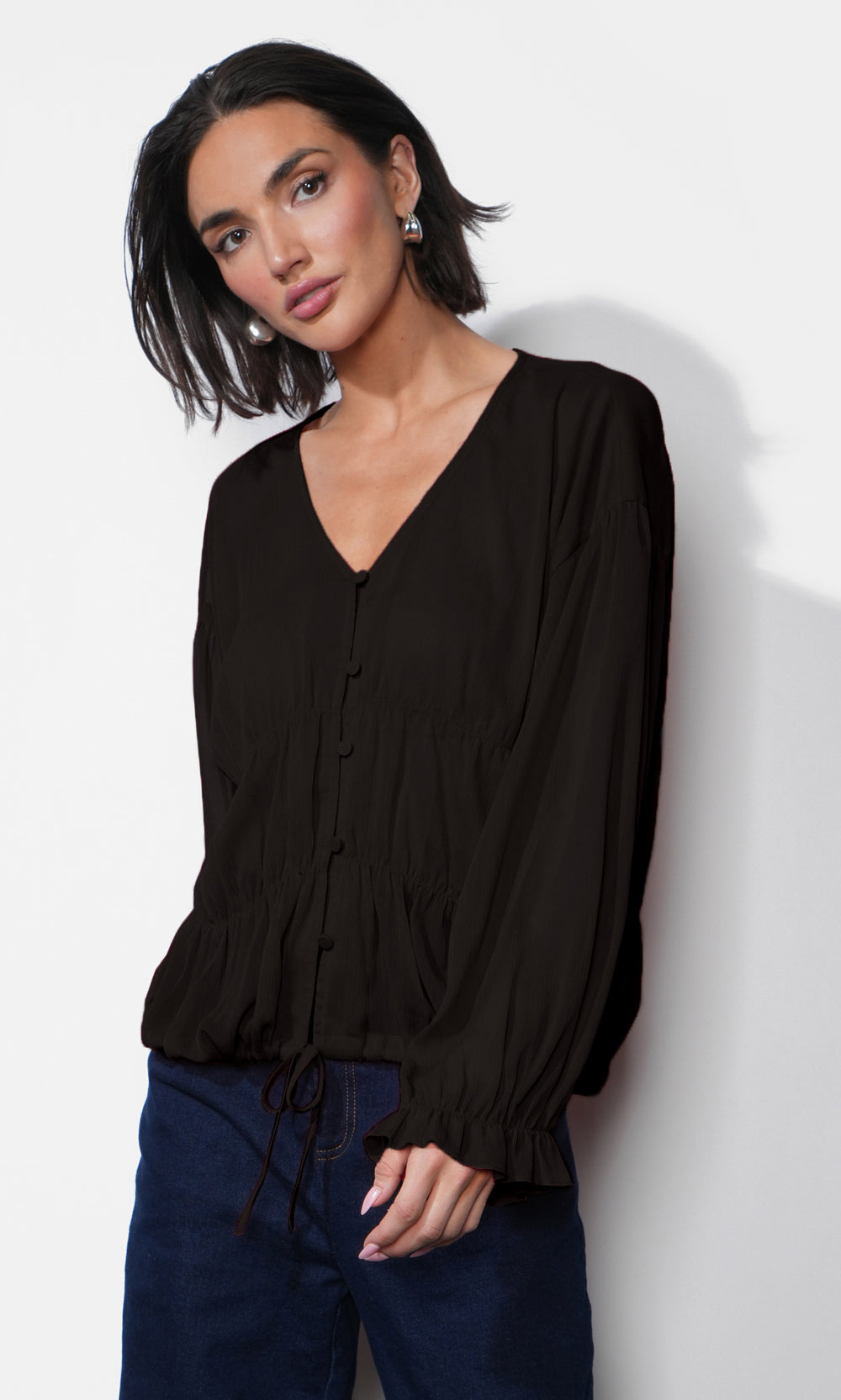 Lainey Flowy Button Front Black Blouse | Greylin