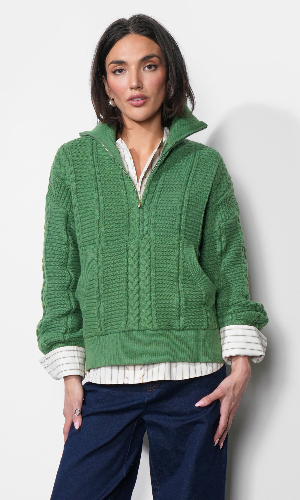 Mila Half Zip Up Cable Knit Sweater | Greylin
