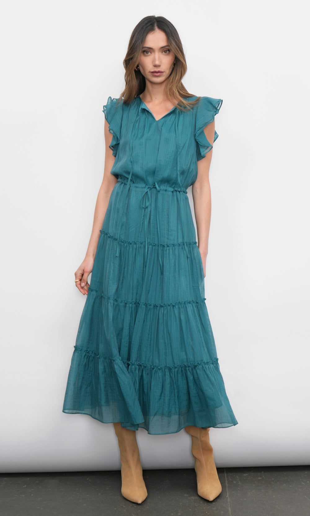 Yvonne Textured Flutter Sleeve Tiered Midi Dress | Greylin Collection Yvonne Textured Flutter Sleeve Tiered Midi Dress | Greylin Collection