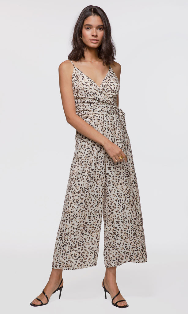 Women's leopard print cami wrap front tie waist jumpsuit