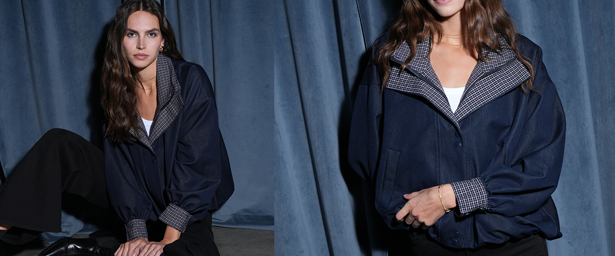 Close-up image of model wearing a twill jacket. The jacket features a drawstring around the waist.