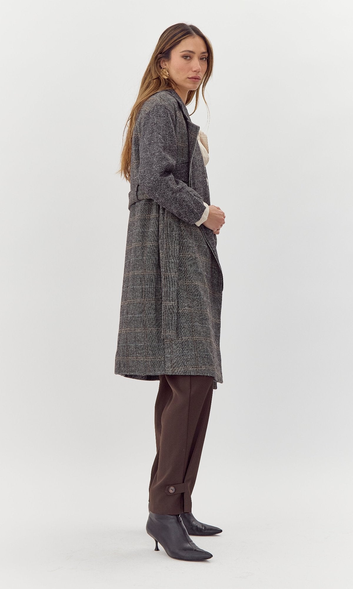 Shia Herringbone Belted Trench Coat