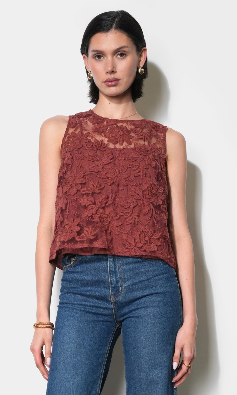 Alice Sheer Embroidered Sleeveless Top G266T7581_CLAY
