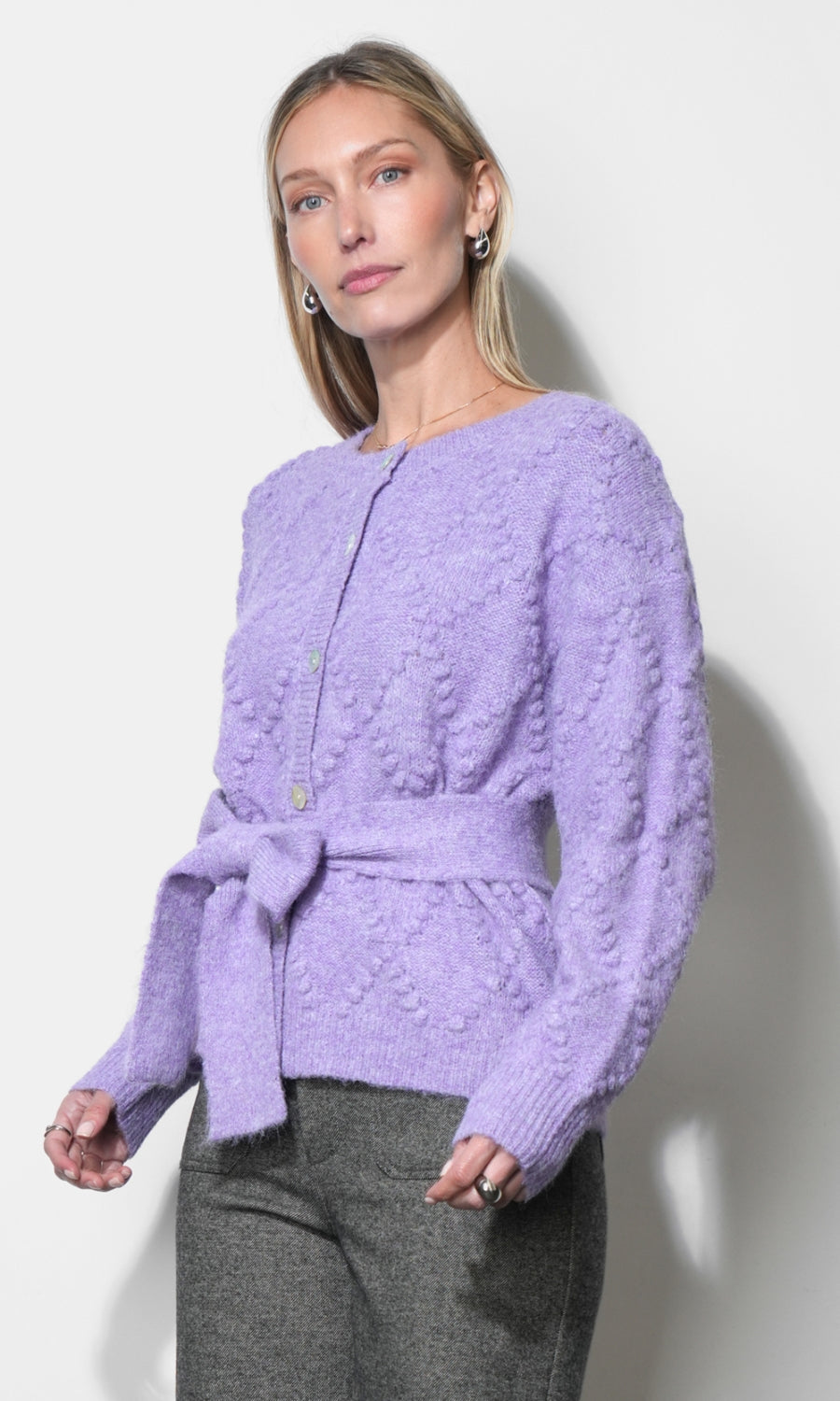 Bonnie Pom-Pom Belted Violet Cardigan G269WJ6219_VIOLET