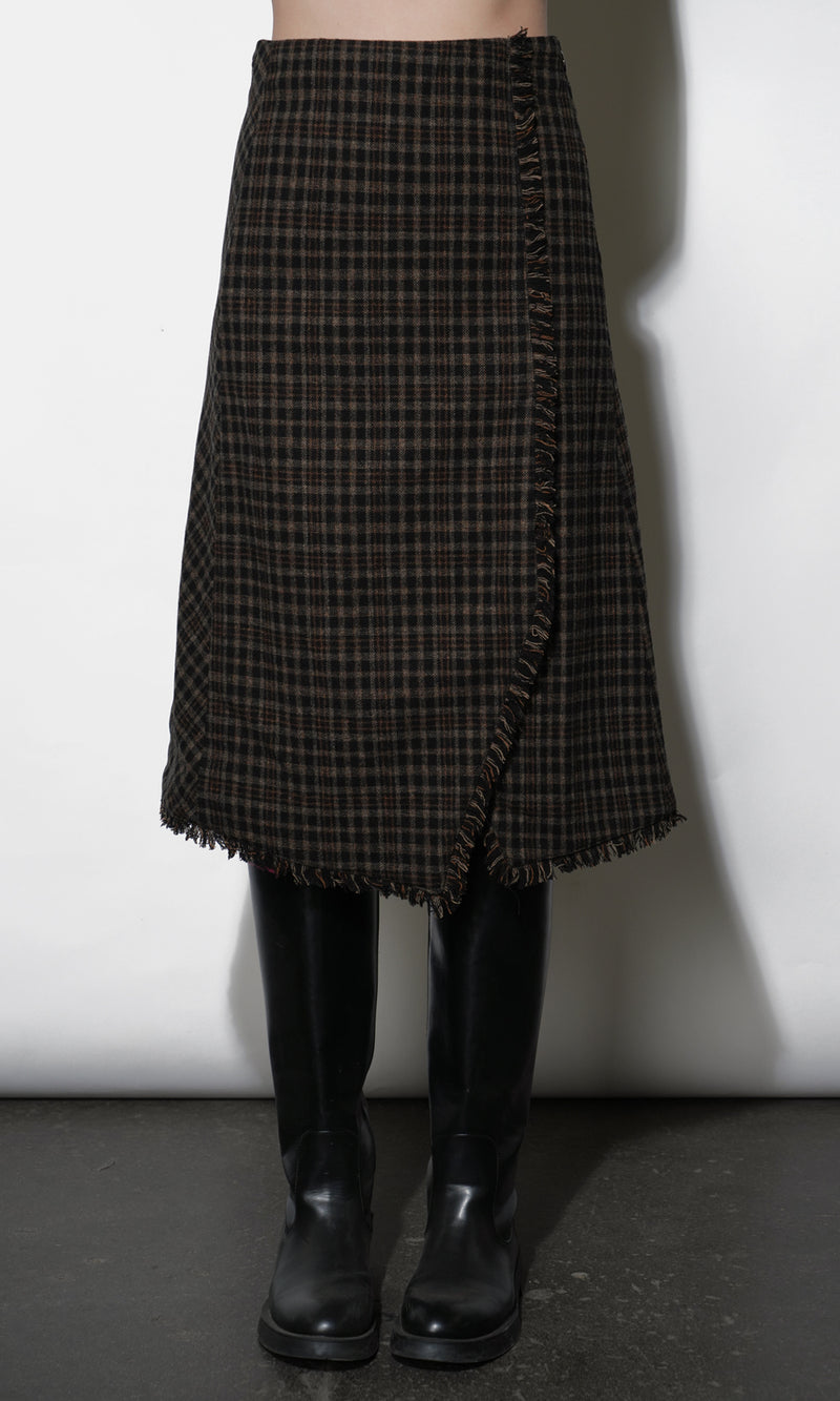 Brighton Asymmetric Plaid Fringe Skirt Midi Skirt G259S9394