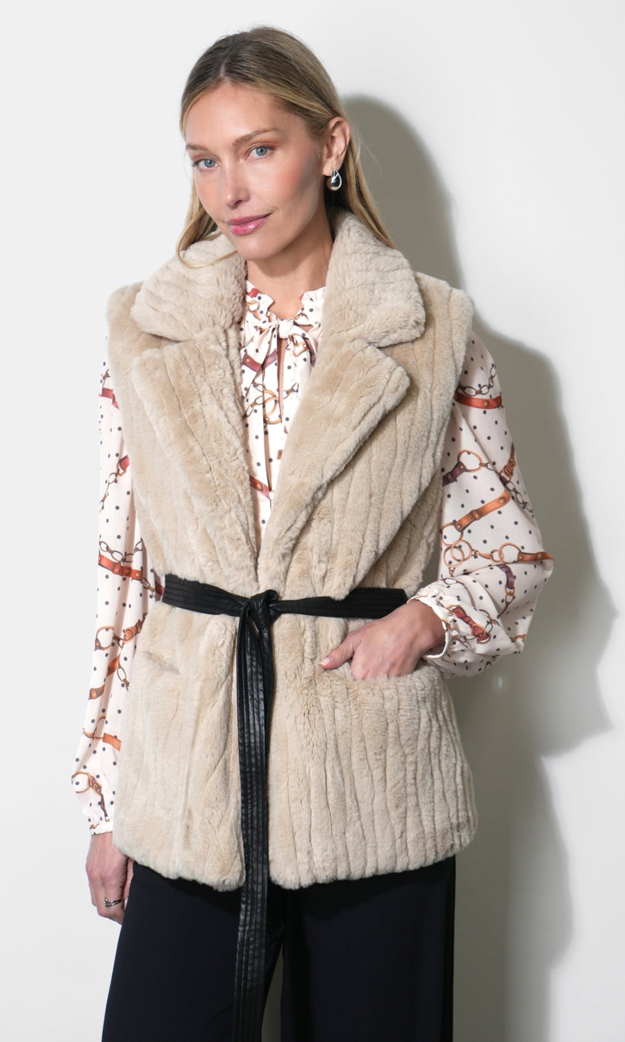 Cosette Faux Fur Vest With Tie Belt G268J1902_OYSTER