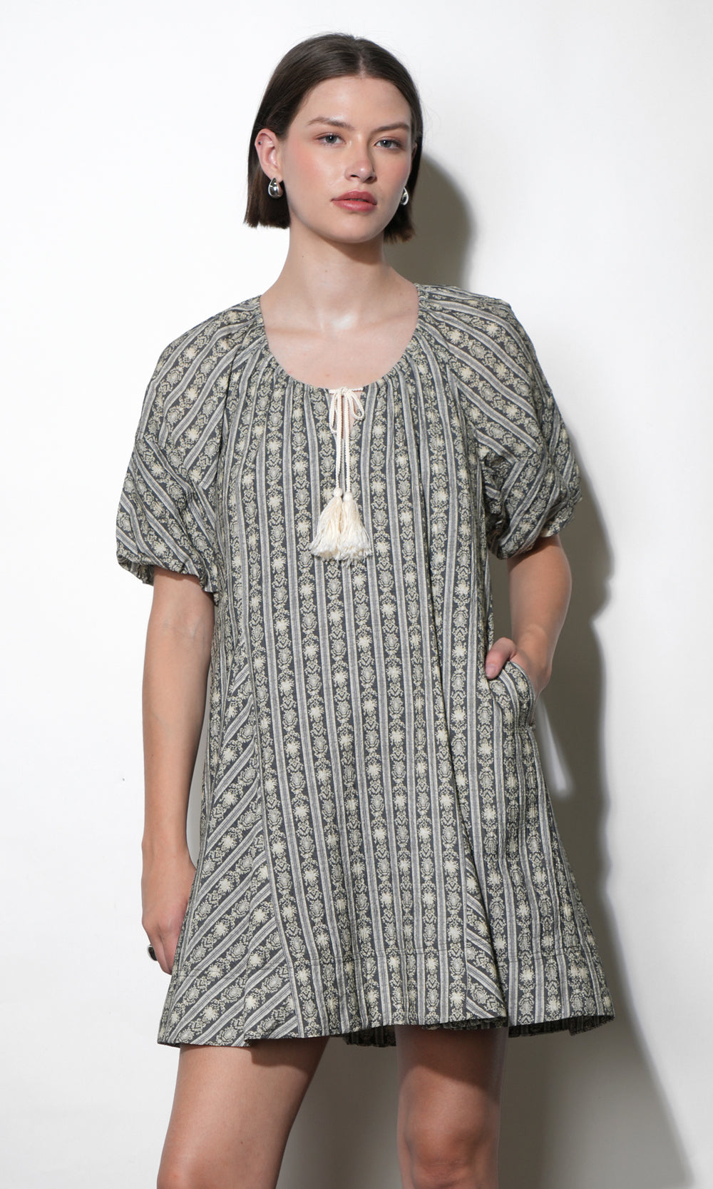 Elena Stripe Pattern Bubble Sleeve Popover Dress G262D6989