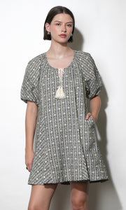 Elena Stripe Pattern Bubble Sleeve Popover Dress G262D6989