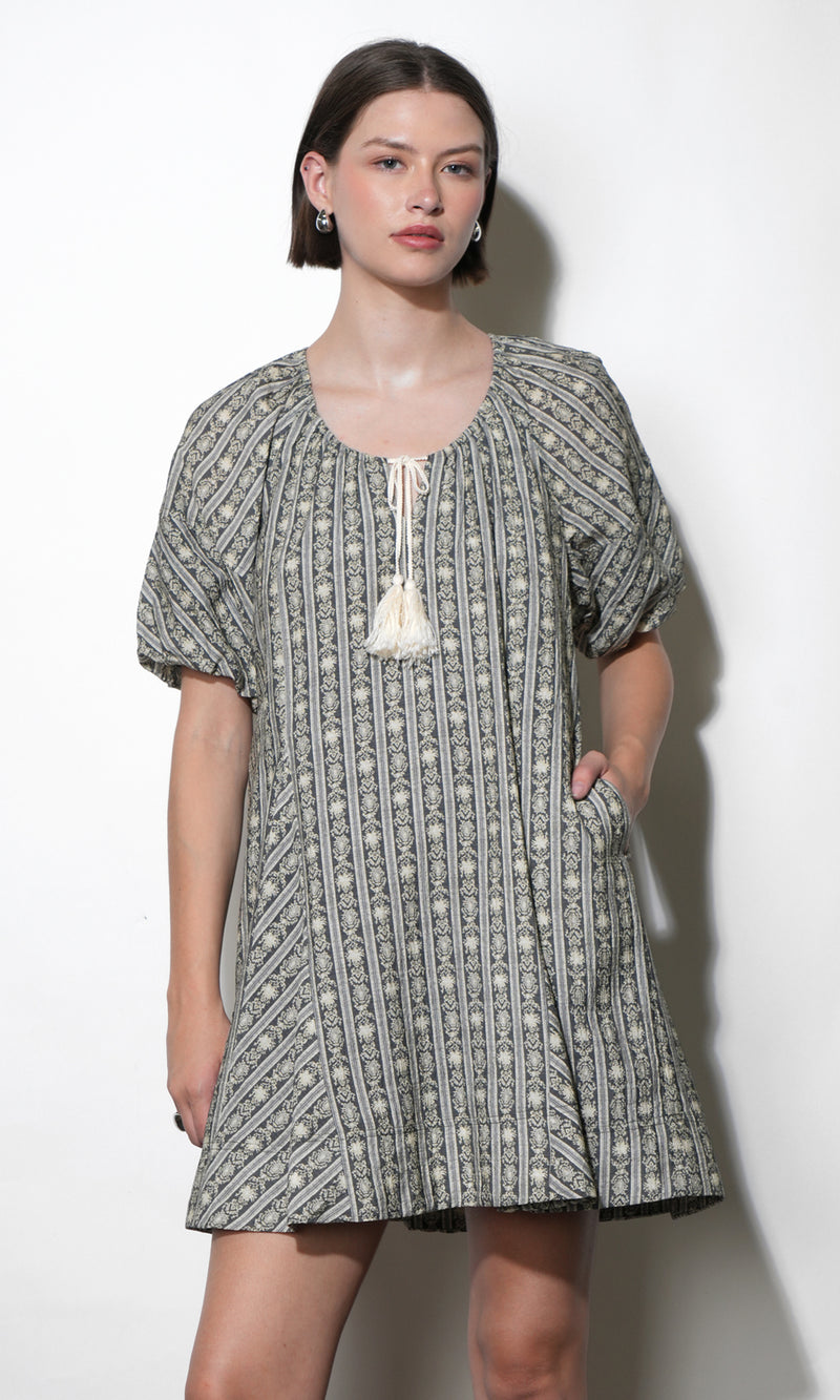 Elena Stripe Pattern Bubble Sleeve Popover Dress G262D6989