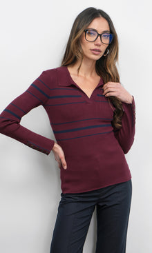 Elena Striped Polo Knit Top G258WT6055