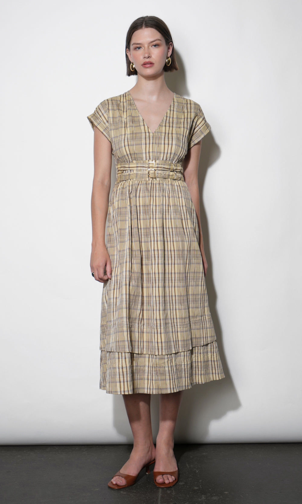 Elizabeth Dolman Sleeve Plaid Belted Midi Dress G262D6988