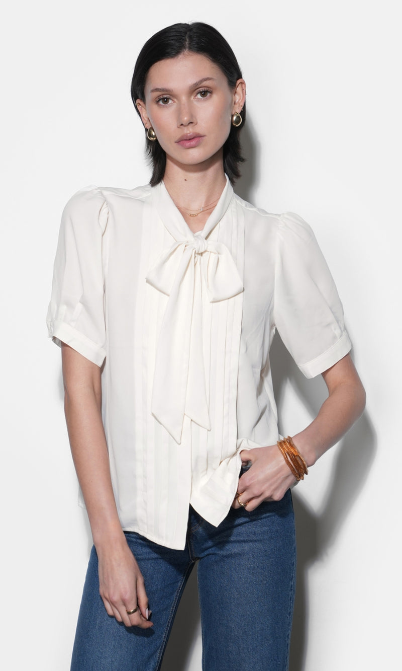 Fatima Pleated Tie Neck Short Sleeve Blouse G265T7572_IVORY