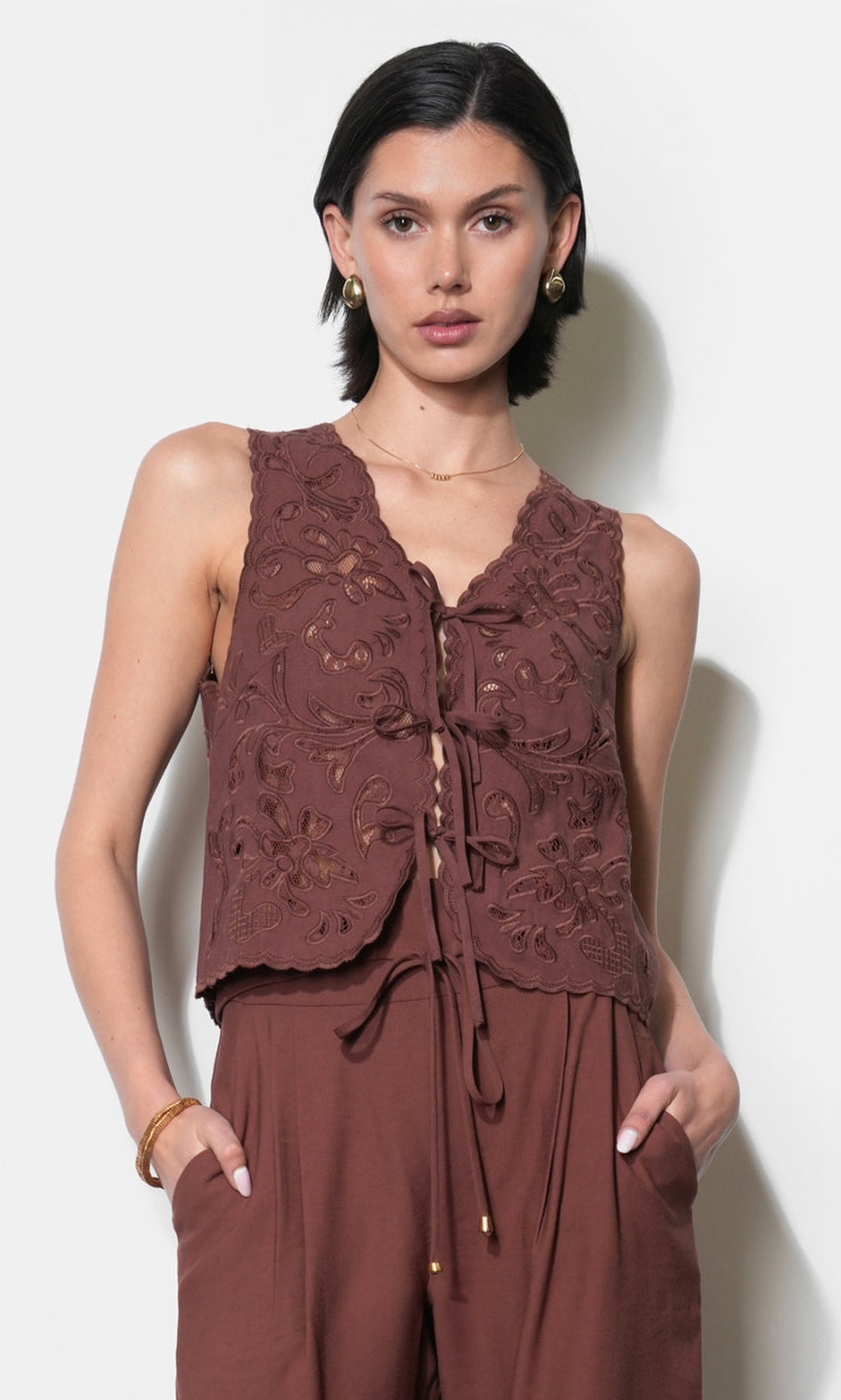 Faye Embroidered Tie Front Vest G266T7583_CLAY