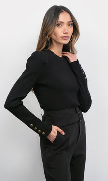 Dani Button Puff Sleeve Ribbed Knit Top