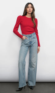 Dani Button Puff Sleeve Ribbed Knit Top