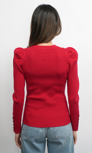 Dani Button Puff Sleeve Ribbed Knit Top
