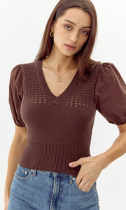 Paulina Knit Poplin Puff Sleeve Top