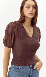 Paulina Knit Poplin Puff Sleeve Top