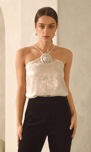 Karris Metallic Flower Halter Top