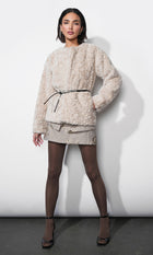 Yuri Collarless Faux Fur Jacket W/ Tie Belt
