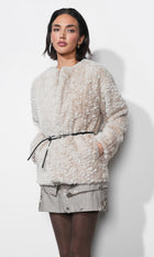 Yuri Collarless Faux Fur Jacket W/ Tie Belt