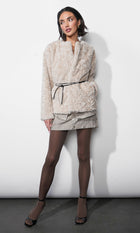 Yuri Collarless Faux Fur Jacket W/ Tie Belt