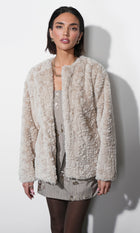Yuri Collarless Faux Fur Jacket W/ Tie Belt
