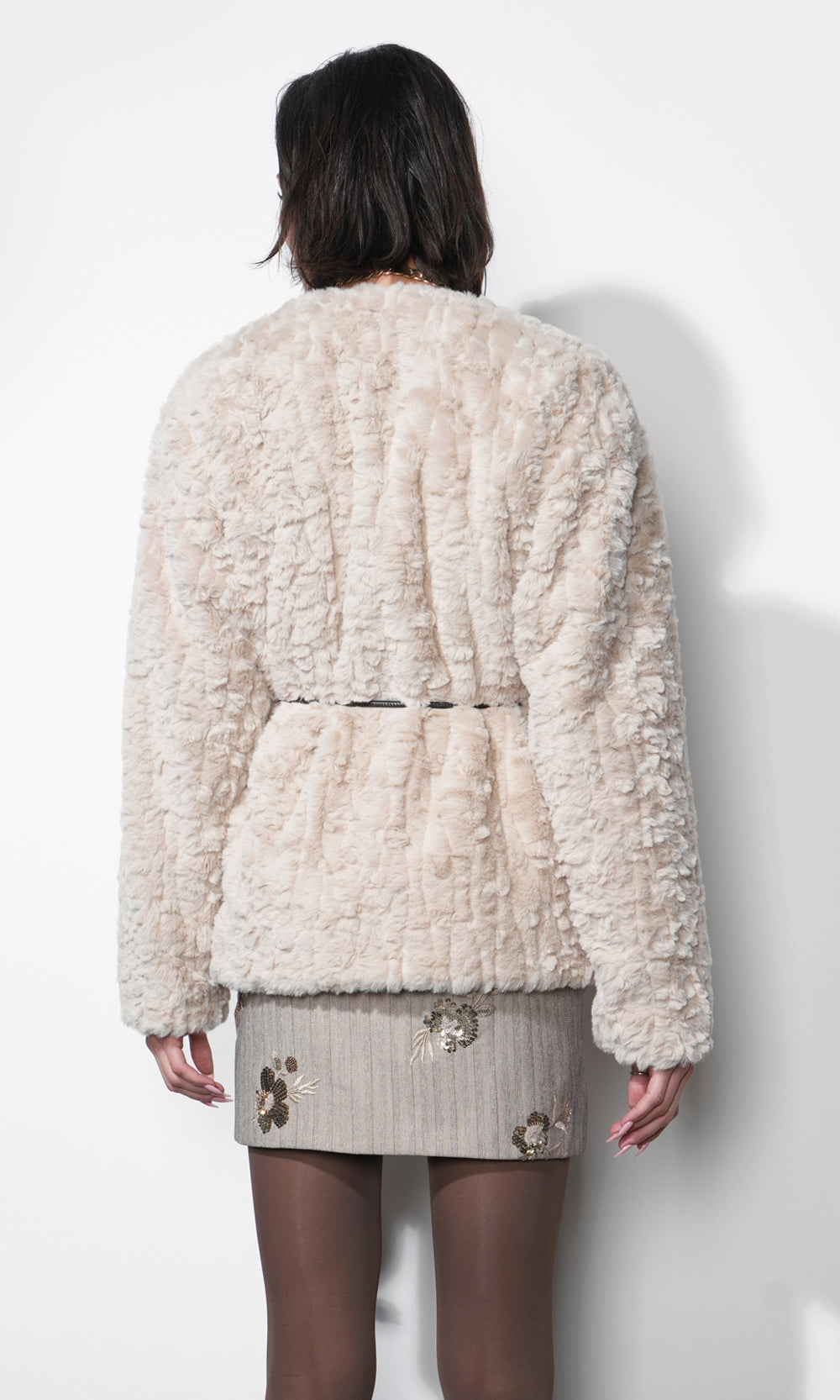 Yuri Collarless Faux Fur Jacket W/ Tie Belt
