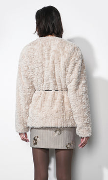 Yuri Collarless Faux Fur Jacket W/ Tie Belt