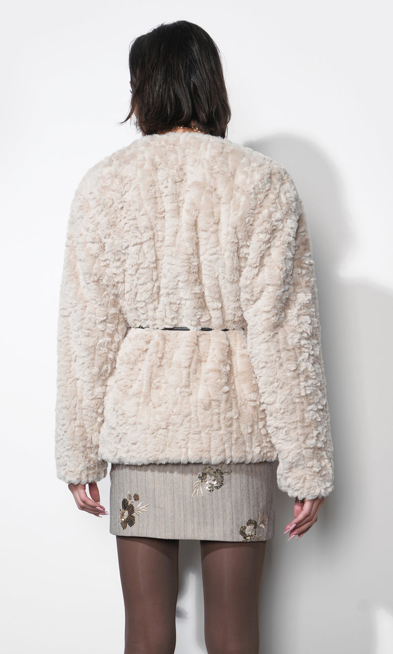 Yuri Collarless Faux Fur Jacket W/ Tie Belt