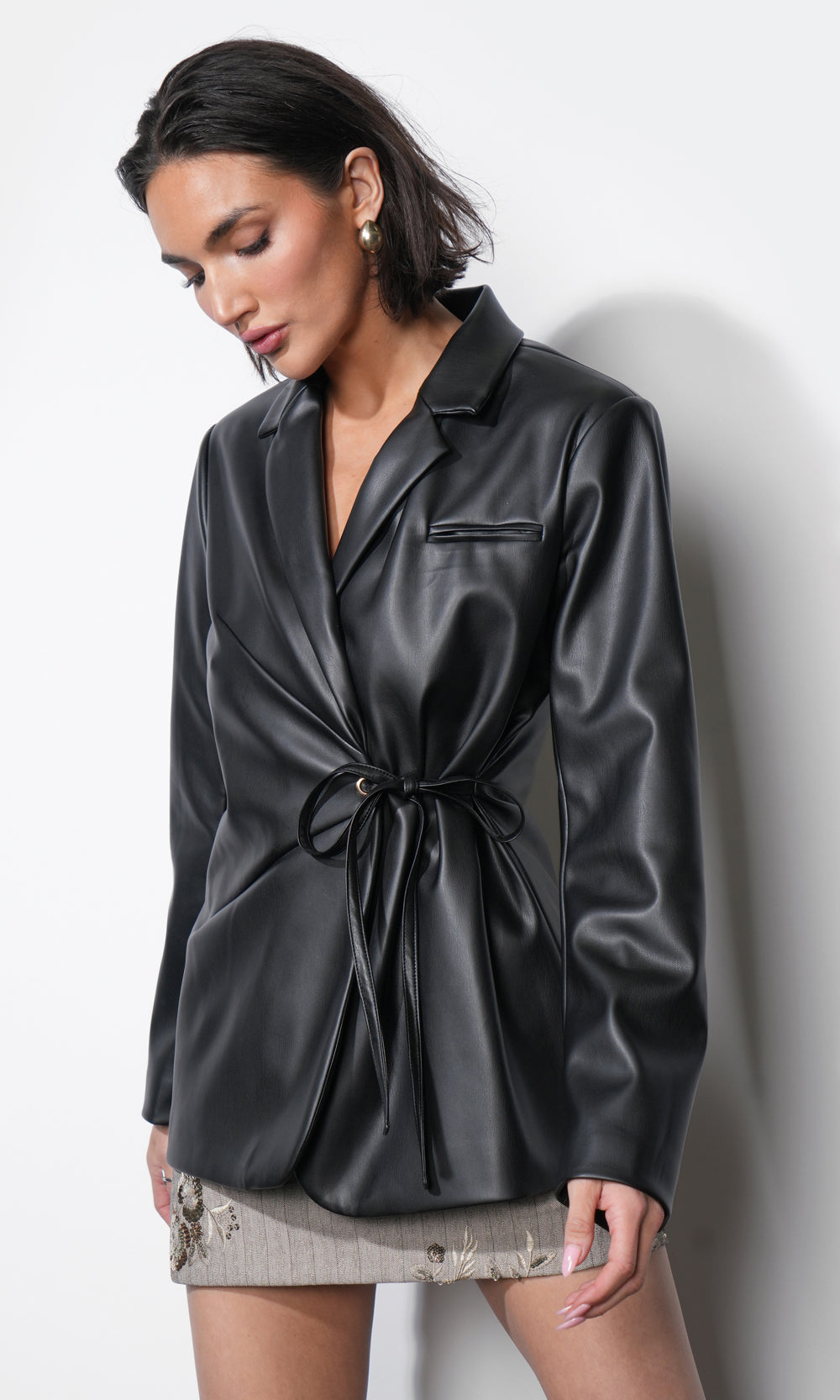 Ava Tie Front Faux Leather Blazer