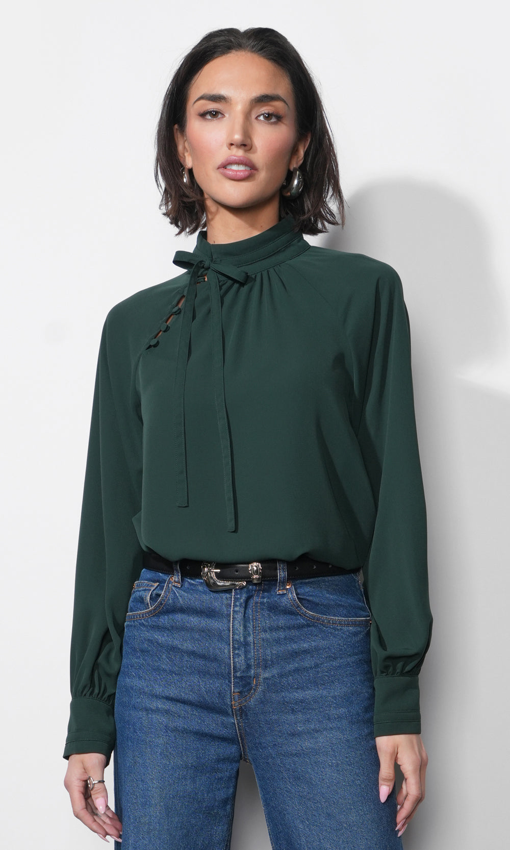 Liv Mock Neck Tie Blouse | Greylin Collection