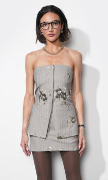 Astrid Strapless Sequin Embroidered Pinstriped Vest