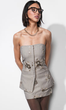 Astrid Strapless Sequin Embroidered Pinstriped Vest