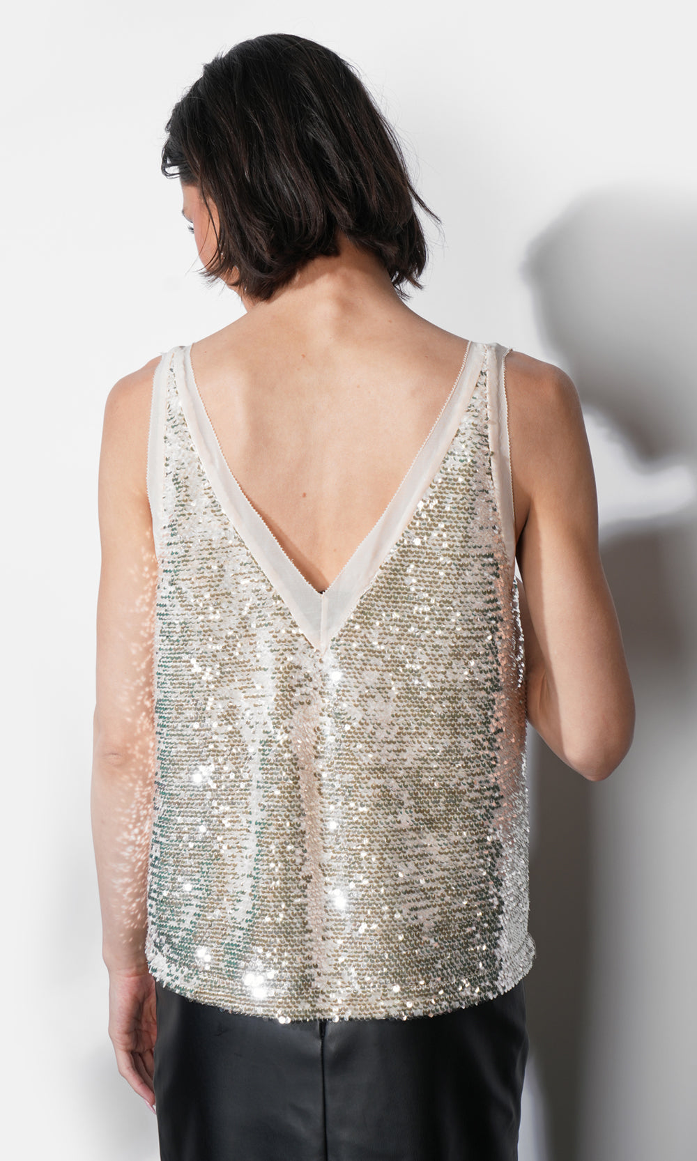 TAN タン V NECK GLITTER TOPS シルバー Ivy V-neck Velvet Sequin Top | Greylin Collection