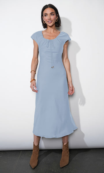 Inez Neck Drawstring Satin Midi Dress