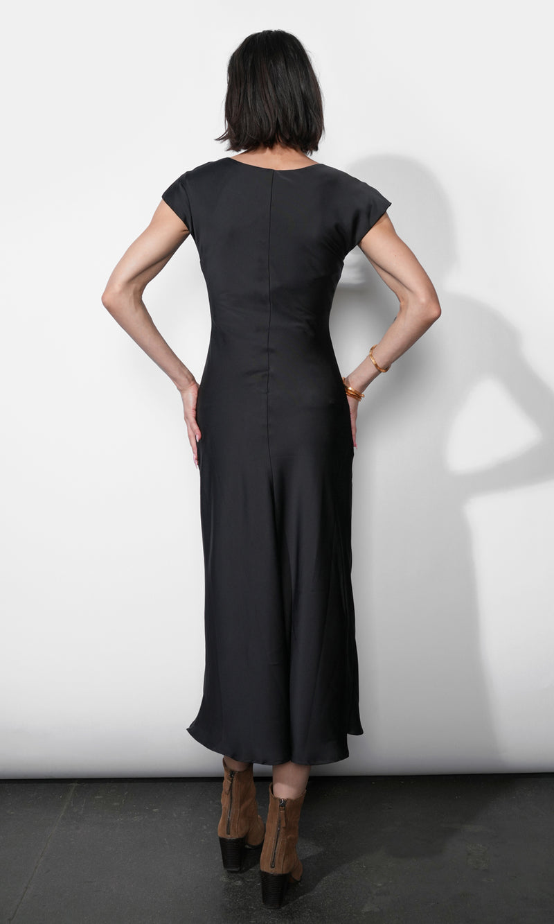 Inez Neck Drawstring Satin Midi Dress