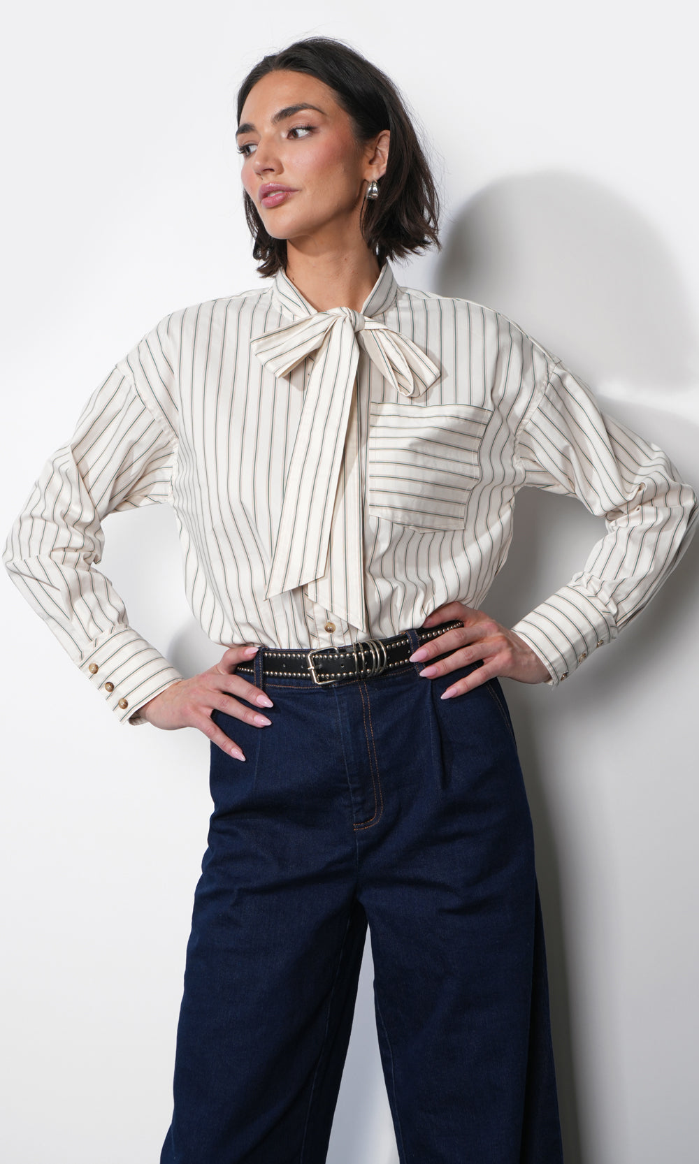 Danica Oversized Stripe Button Up Shirt W/ Tie Neck