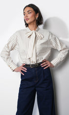 Danica Oversized Stripe Button Up Shirt W/ Tie Neck