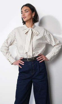 Danica Oversized Stripe Button Up Shirt W/ Tie Neck