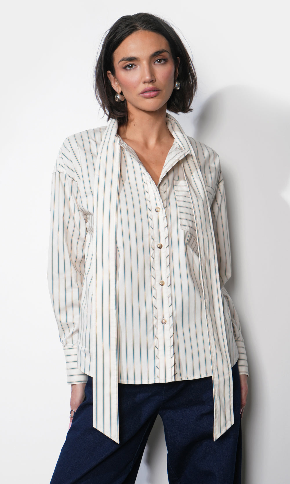Danica Oversized Stripe Button Up Shirt W/ Tie Neck