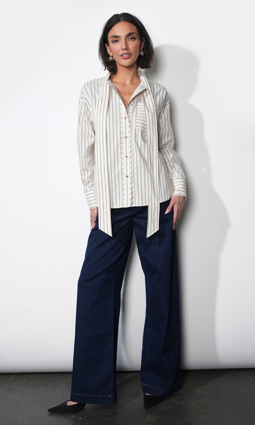 Danica Oversized Stripe Button Up Shirt W/ Tie Neck