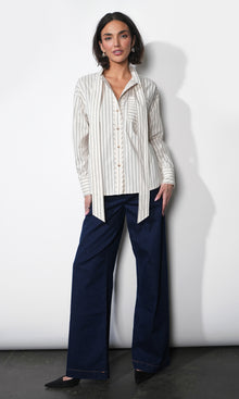 Danica Oversized Stripe Button Up Shirt W/ Tie Neck