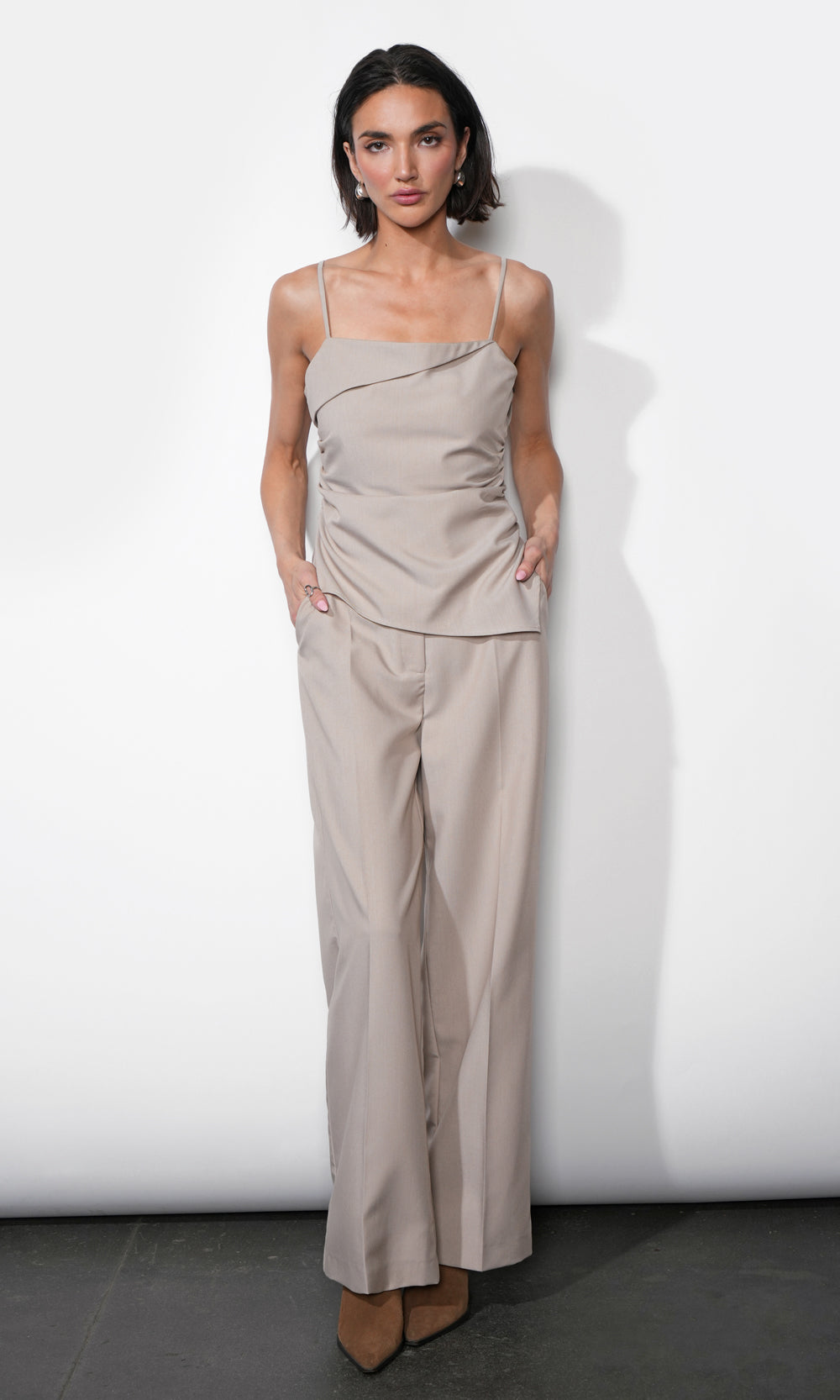 Acacia Fold Over Neck Cinched Waist Asymmetric Top